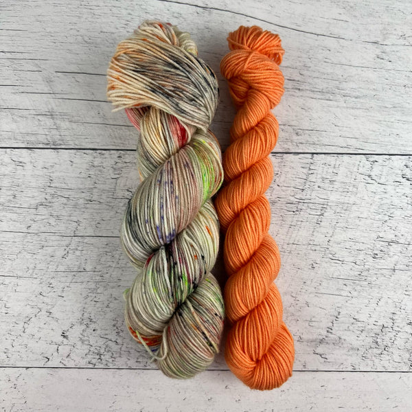 Spooky (115g) + Carotte (35g) - Ensemble de laine pour bas SW merino/nylon, prête à partir